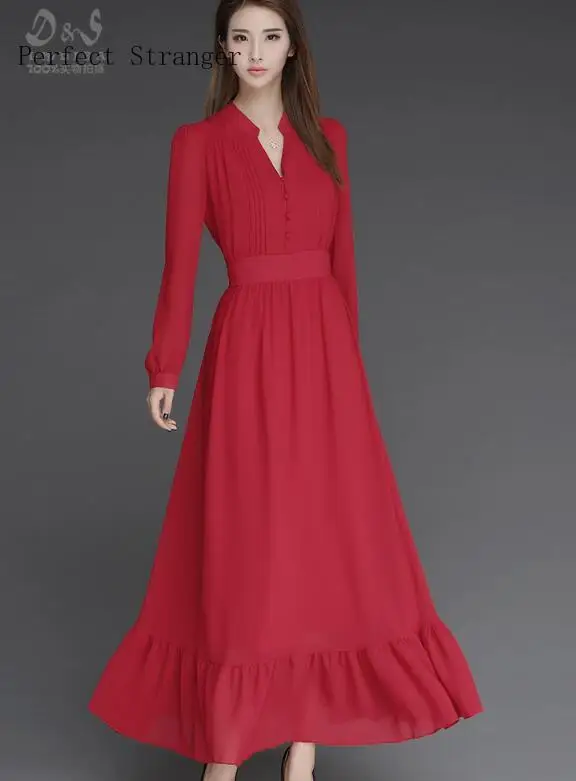 Женское шифоновое длинное платье с длинным рукавом и V образным вырезом|chiffon long