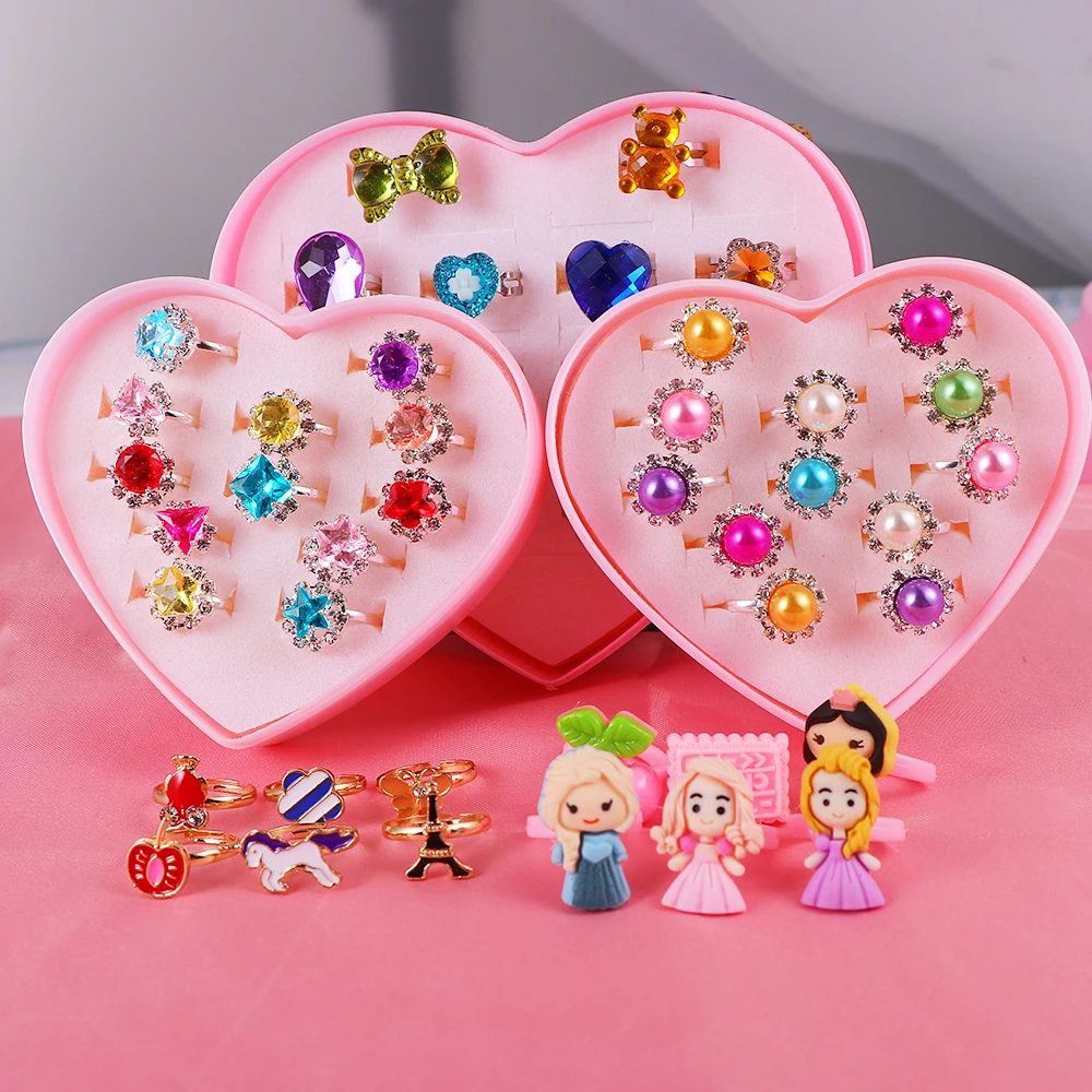 

Kids Adjustable Alloy Baby Rings Fashion Cartoon Children Girl Rings With Heart Shaped Showcase For Party Gift