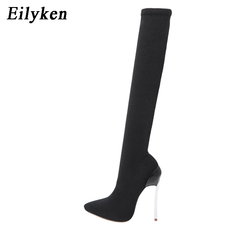 EilyKen/Коллекция года; сезон осень-зима; модные вязаные женские сапоги выше колена; эластичные сапоги до бедра с острым носком
