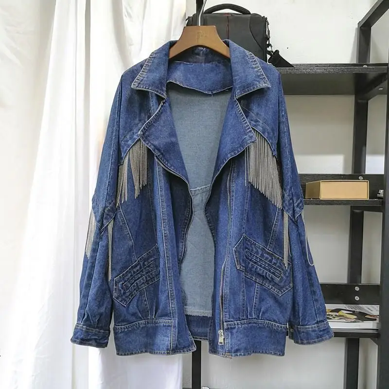 Women Long Sleeve Tassel Loose Denim Jacket Female Fashion Boyfrieds Outwear Solid Autumn Streetwear Jean Coat