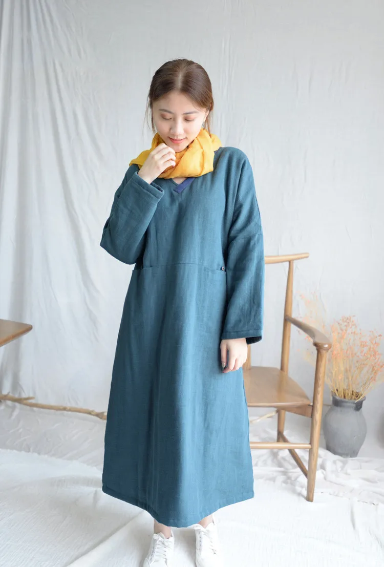 SCUWLINEN/ Женское зимнее платье, однотонное, с v-образным вырезом, в стиле пэчворк, в стиле ретро, плотное, теплое, свободное, с хлопковой подкладкой, длинное платье дзен, S1004