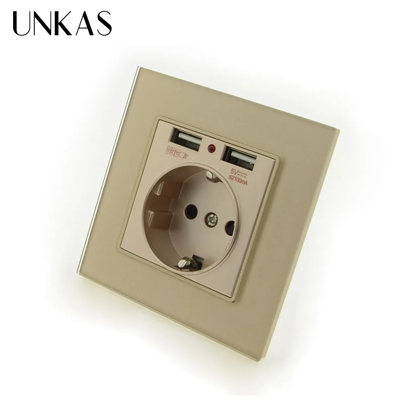 

Luxury Glass Panel Wall Power USB Socket 16A EU Standard Electrical Outlet With 2100mA Dual USB Socket Charger Port for Mobile