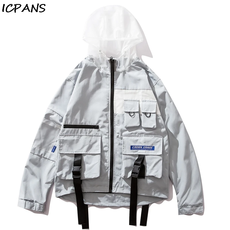 ICPANS/ветровка с капюшоном; куртки в стиле хип-хоп на молнии; спортивная куртка; пальто с пряжкой и лентами; с несколькими карманами; уличная