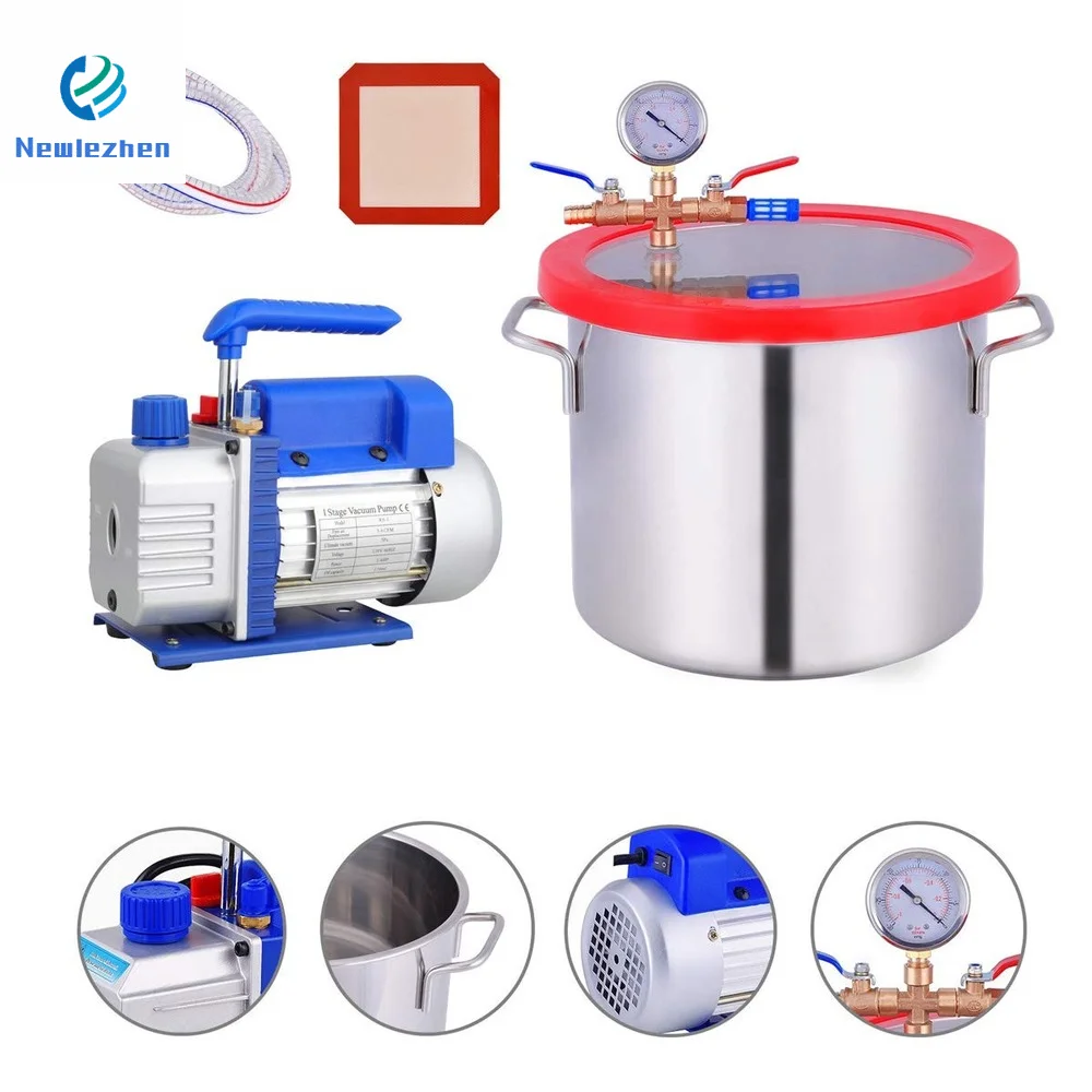 Stainless Steel 2-6Gallon + Vacuum Pump Degassing Silicone Defoaming Deaeration Vacuum Chamber Sealer Kit rotary vane vacuum pump