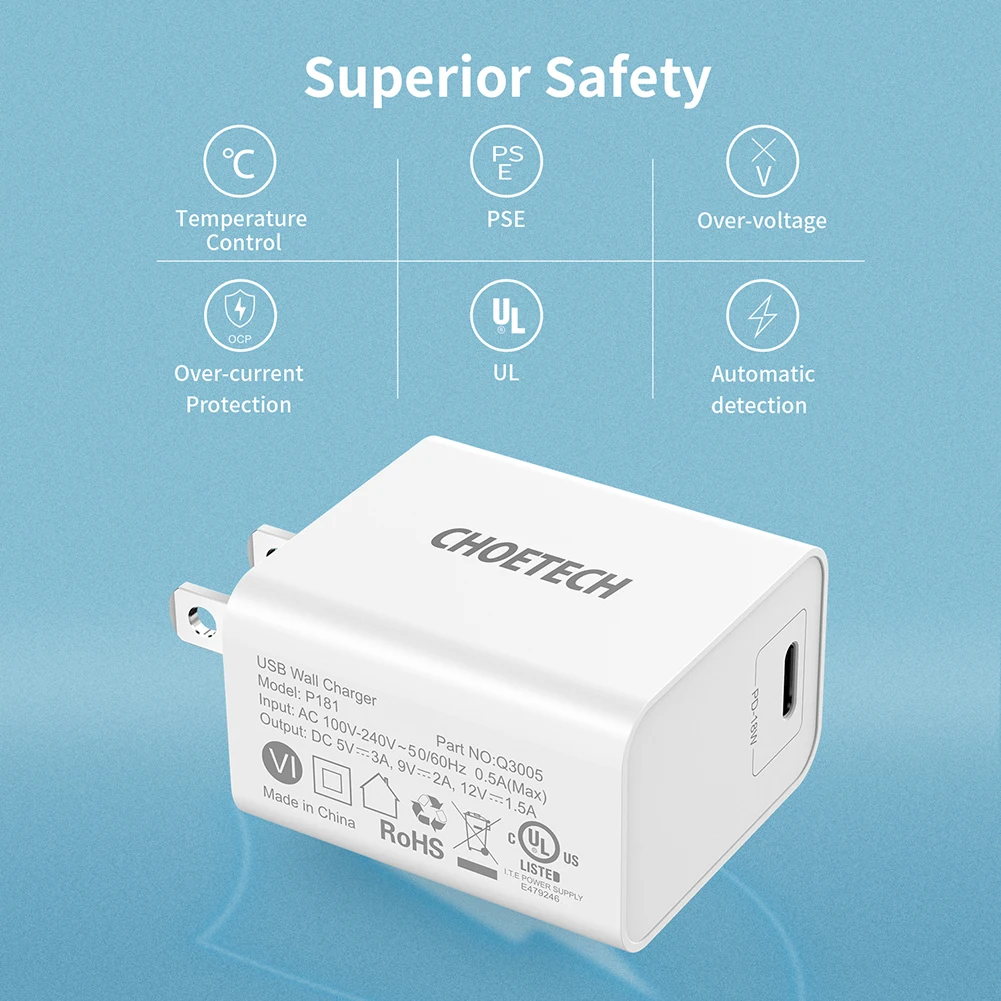 CHOETECH USB Charger 18W PD 3.0 Fast Charging USB C Plug Mobile Phone Charger For iPhone X Xs Xr 8 Xiaomi Phone PD Charger