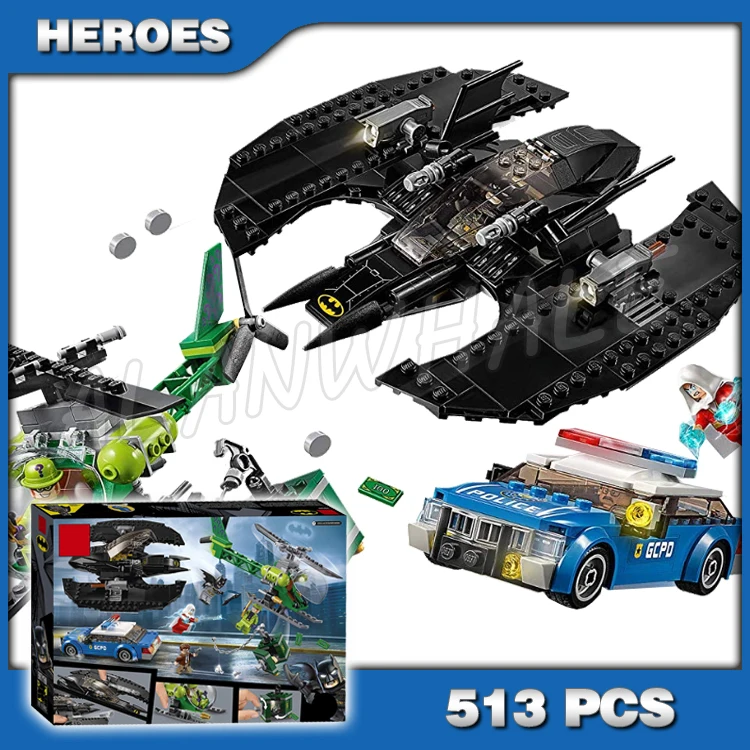 513pcs Super heroes Batwing and The Riddler Heist Police Helicopter 11352 Model Building Blocks Gif