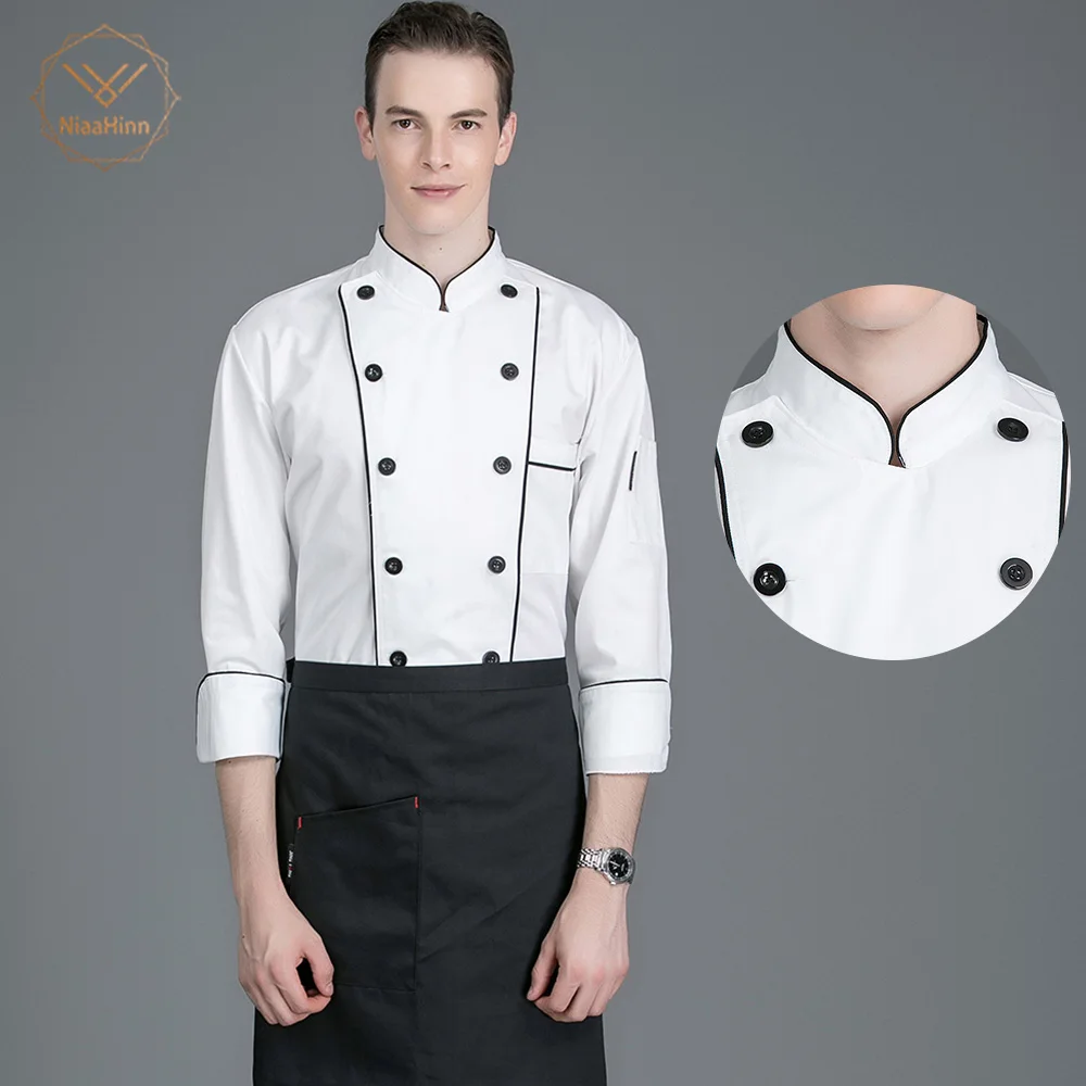 

Wholesale unisex Black lines White Chef Jacket Bakery clothes chef coat long sleeves chef restaurant uniform shirts chef uniform