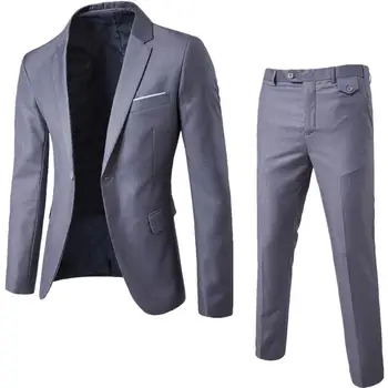 

2Pcs/Set Plus Size Men Solid Color Long Sleeve Lapel Slim Button Business Suit Men Autumn Fashion Solid Slim Wedding Set Vintage
