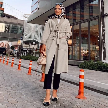 

Autumn Winter Women Wool Blends Duster Trench Coat Turn-down Collar Long Sleeve Outer Coat With Belt Fashion Muslim Ladies Coat
