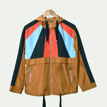

Women Trench 2020 Spring and Summer New Color Strip Stitching Drawstring Hooded Windbreaker Long Sleeve Coat