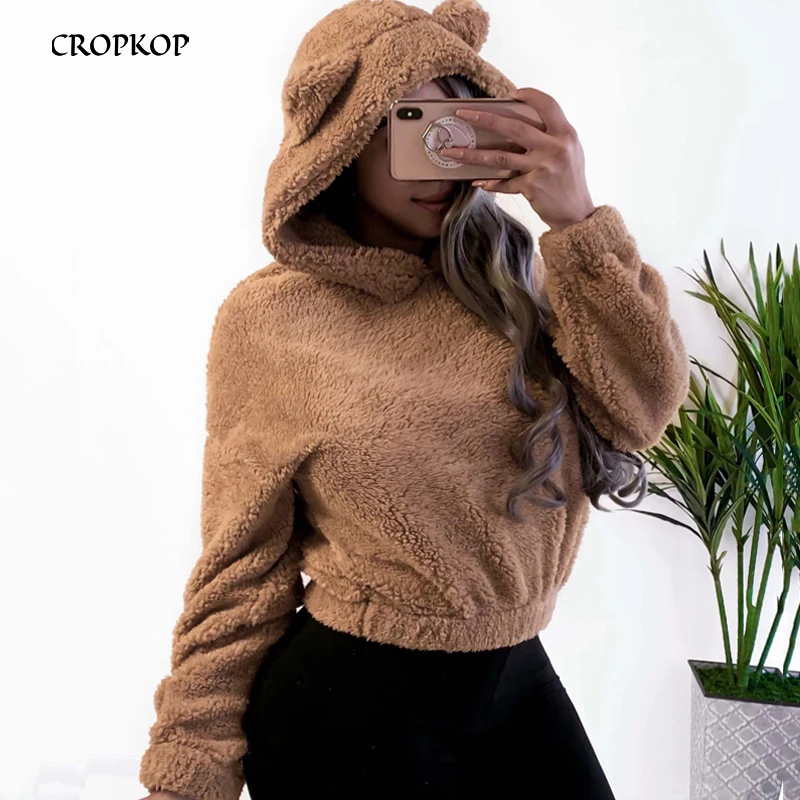  Hoodie Sweatshirt With Ears Crop Top Short Women Long Sleeve Pullovers New White Autumn Winter Tedd