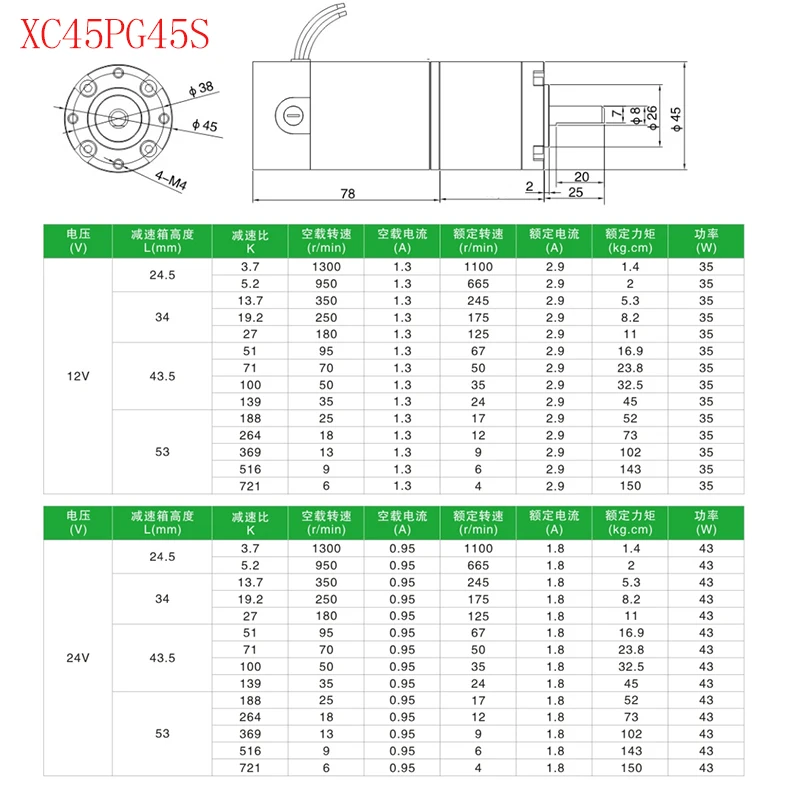 45PG45S DC планетарный редуктор двигателя, 35 W-43 W DC12V 24 V, высокий крутящий момент, регулируемая скорость, Реверсивный, металлический редуктор, медная катушка