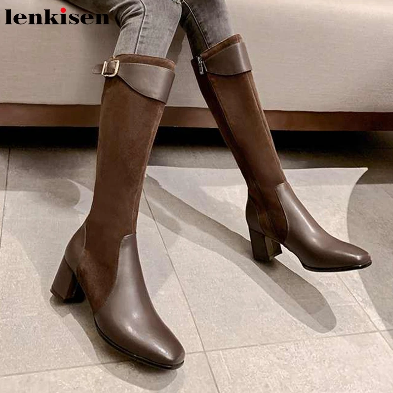 

Lenkisen patchwork fashion unique genuine leather metal buckle square toe high heels women winter warm Zip knee high boots L11