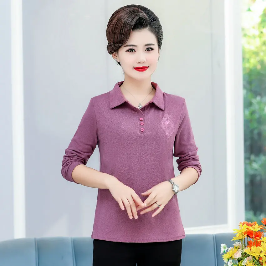 

Autumn Blouse Women Long Sleeve Turn Down Collar Cotton Top Middle Aged Woman Purple Red Green Blouses For Mother Clothings XXXL