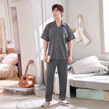 

Pajamas Men's Summer Knitted Short Sleeve Trousers Home Wear Summer Thin Cotton Leisure Fattening Plus Size Suit Sommeil Tops