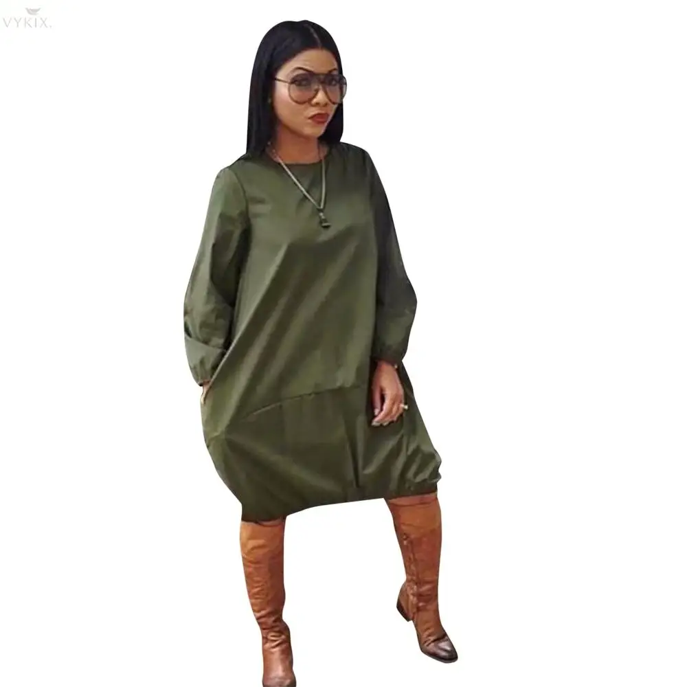 Women Dress Long Sleeve O Neck Bandage Knee Length Party Dress Loose Casual Dress Fashion Pocket Beach Dress Autumn Dress Women