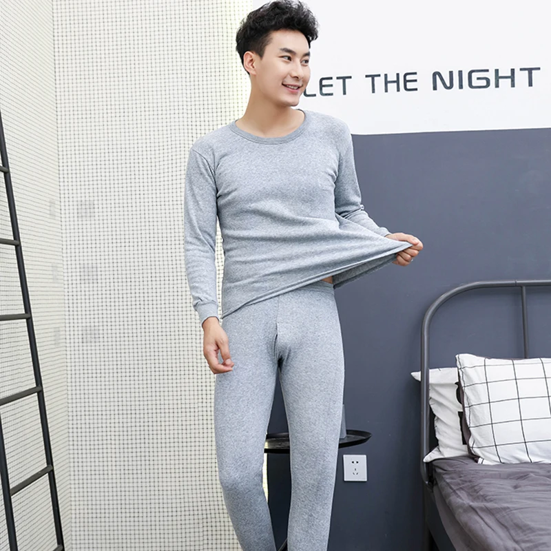 Great Value 2pcs Men's Winter Thermal Underwear Suit Circular Collar Large Size Long Sleeve Pure Color Warm Clothing Set Top + Pants