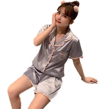 

Sexy Homewear Women Pyjamas Set Short Pant Short Sleeve Pajamas High Quality Lace Pajamas Silk 2Pcs Set Women Sleepwear