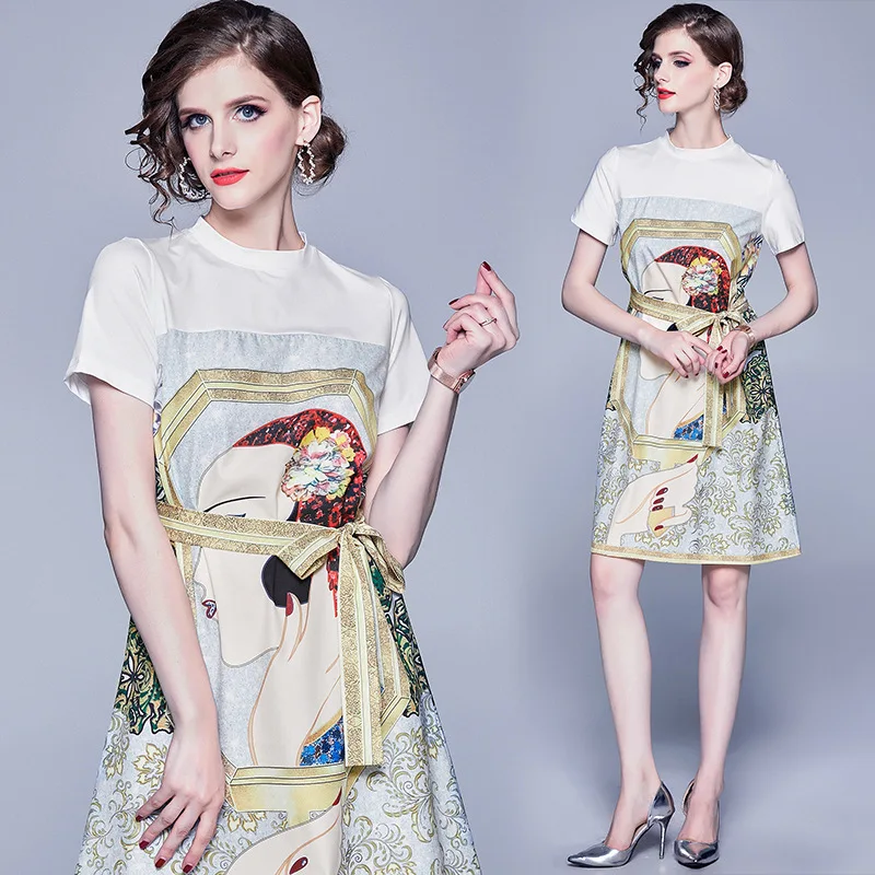 

1040 Summer New Style Europe And America WOMEN'S Dress Crew Neck Loose-Fit Casual Joint Cool Floral Printed Dress Women's