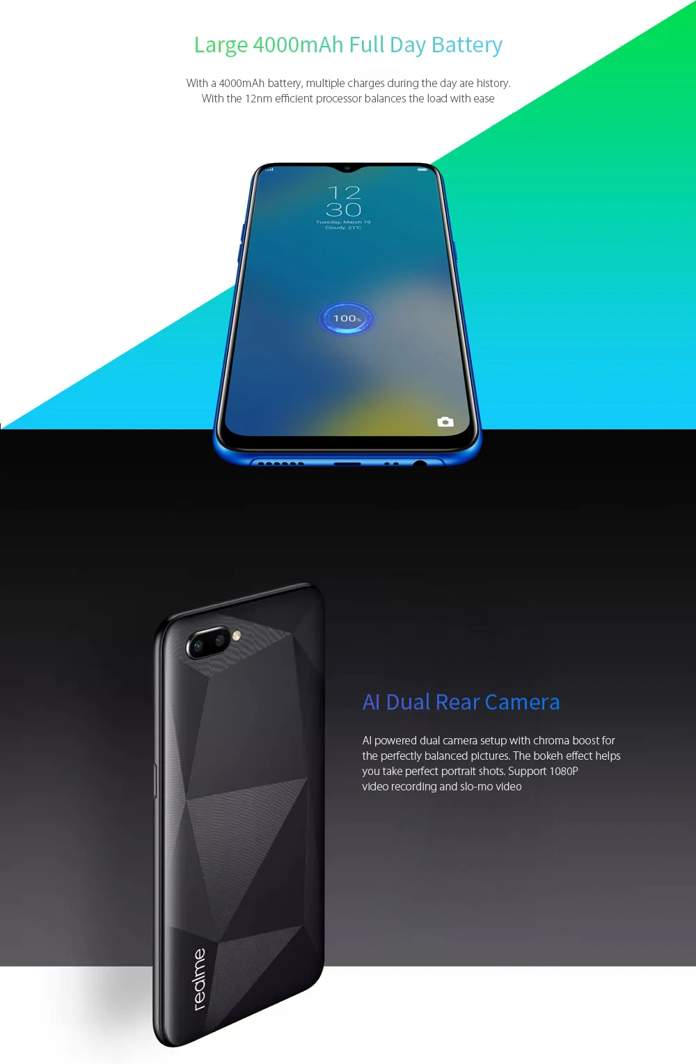 Realme C2 4G смартфон 6,1 дюймов Android 9,0 Helio P22 Восьмиядерный 13.0MP+ 2.0MP 4000 мАч большой экран для распознавания лица Мобильные телефоны