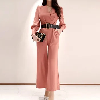 

Autumn Long Lantern Sleeve Belt V-Neck High Waist Casual Office Cloth Women Wide Leg Work Jumpsuit