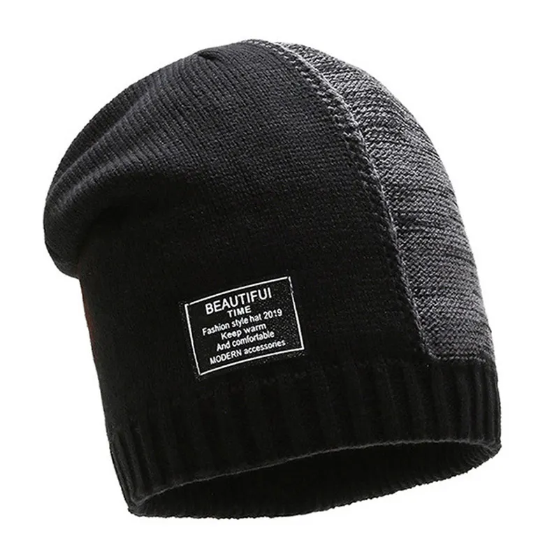 Мужская вязаная шапка, флисовая подкладка, зимняя, сохраняет тепло, Skullies Beanie, черный, серый, пэчворк
