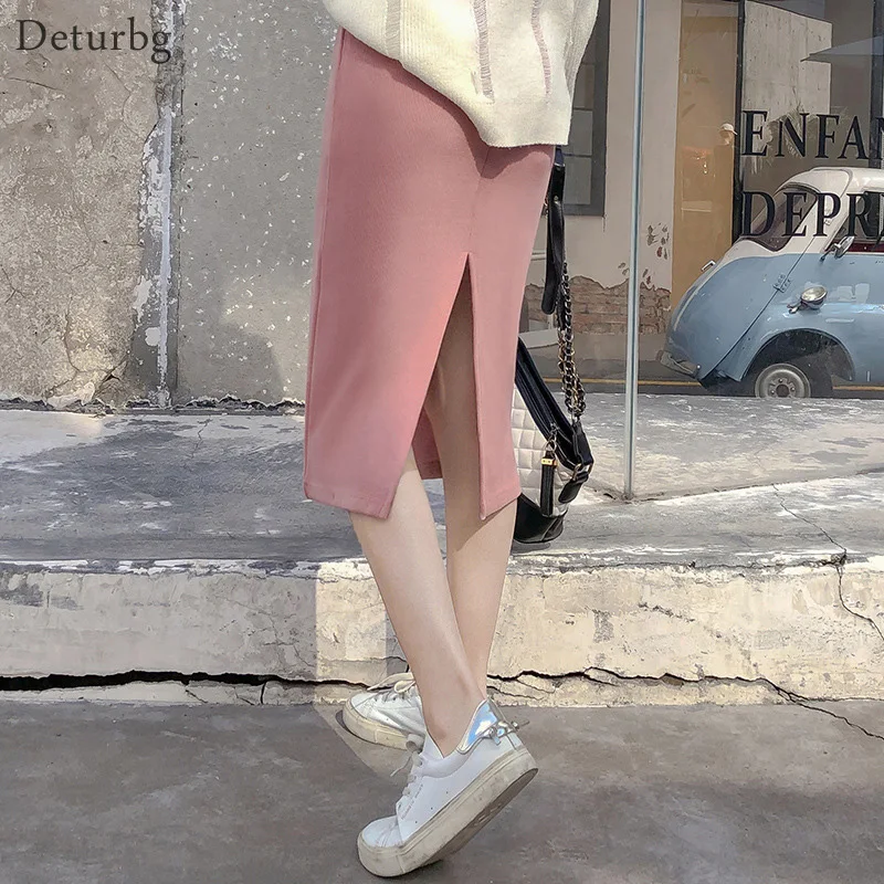 

Womens Elegant Knitted Midi Skirt Female Korean Casual Elastic High Waist Office Splits Skirts Saias 2019 Autumn Winter SK415