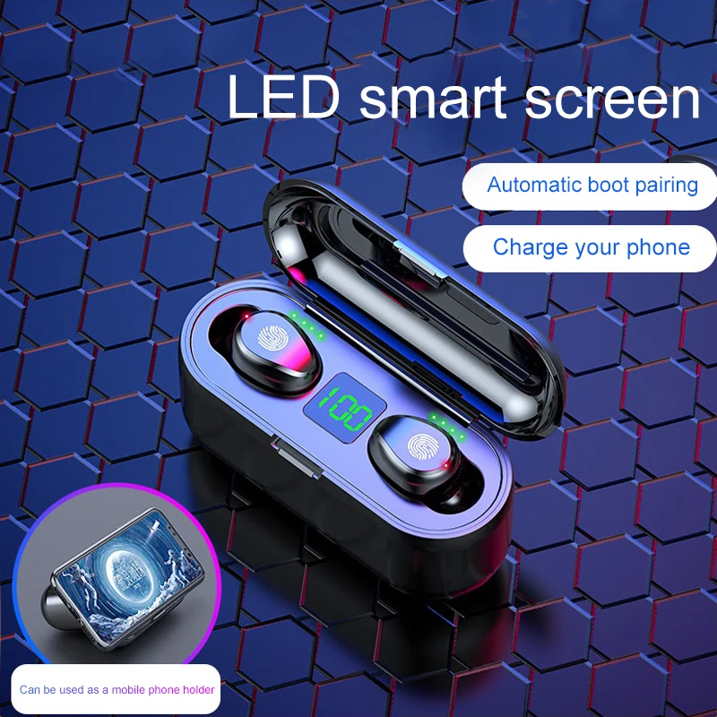 Wireless Earphone Bluetooth 5 0 TWS Headset With Mic 2000mAh Power Bank for iPhone Huawei Samsung F9 Waterproof Wireless Earbuds