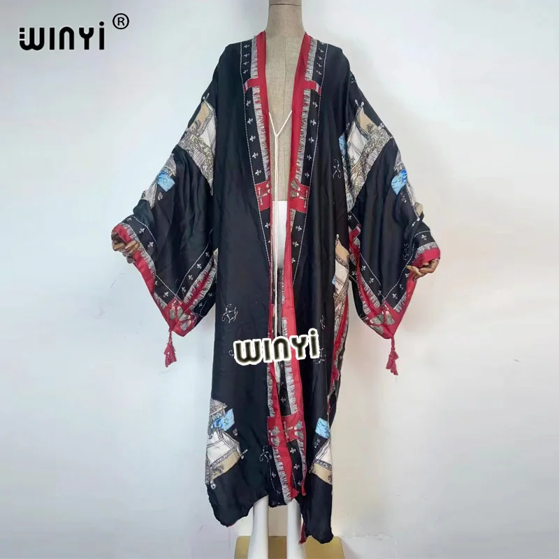 Kuwait Autumn  Women Cardigan Loose Long Dress Cocktail Party Boho Maxi African Holiday Batwing Sleeve Silk Traf  Robe Kimono