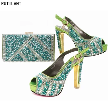 

New Arrival Green Color Matching Shoes and Bag Set Italian Shoes and Bags To Match Shoes with Bag Set Decorated with Rhinestone