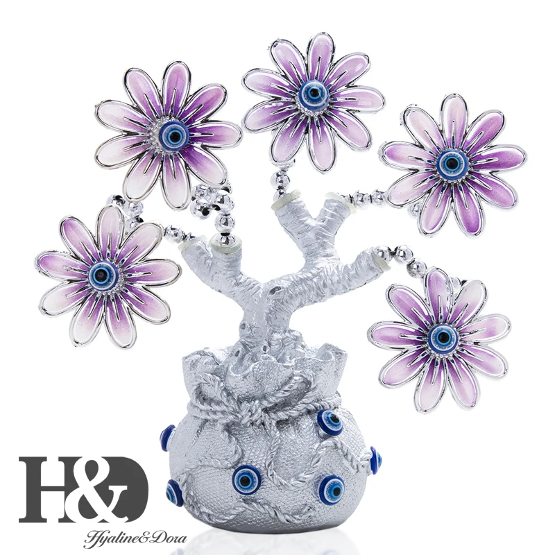 

H&D Fengshui Lucky Turkish Blue Evil Eye Flower Tree Figurine Protection for Money Fortune Sliver Wealth Bag Good Luck Gift