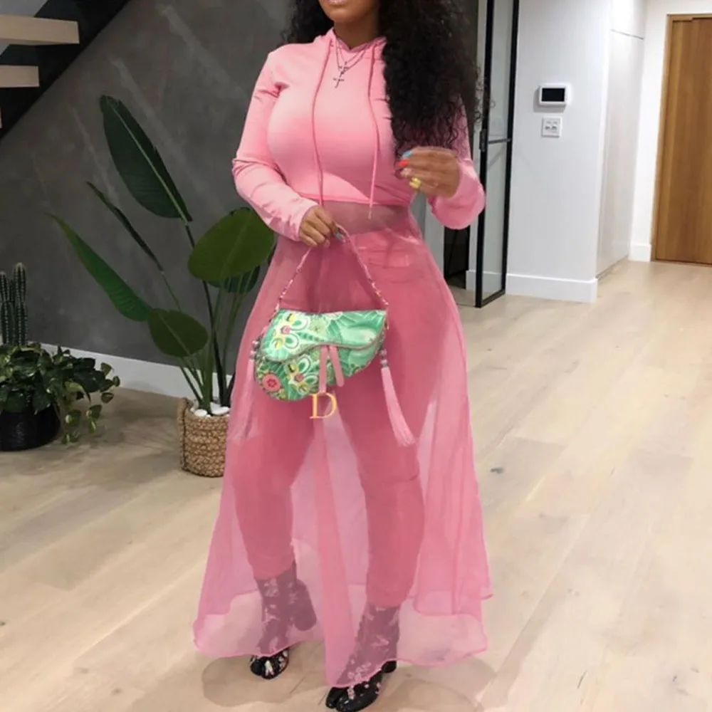 Pink Mesh Patchwork Hoodie Dress Fashion Streetwear Autumn Fall Long