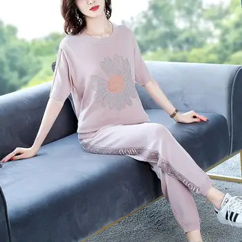 

MISSKY 2 Pcs/set Women's Suit Summer Daisy Sports Round Collar Short-sleeve Top + Trousers Long pants For Female Black Pink