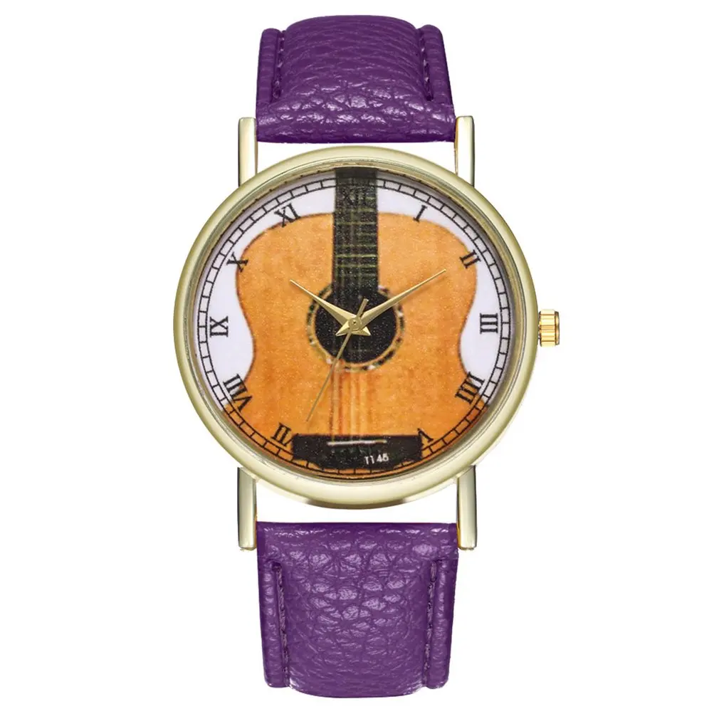 purple Уникальные Кварцевые часы с кожаным ремешком, с узором гитары, наручные часы с ремешком, Аналоговый кварцевый Циферблат, роскошные часы для трендовых мужчин и женщин A20 - Цвет: purple