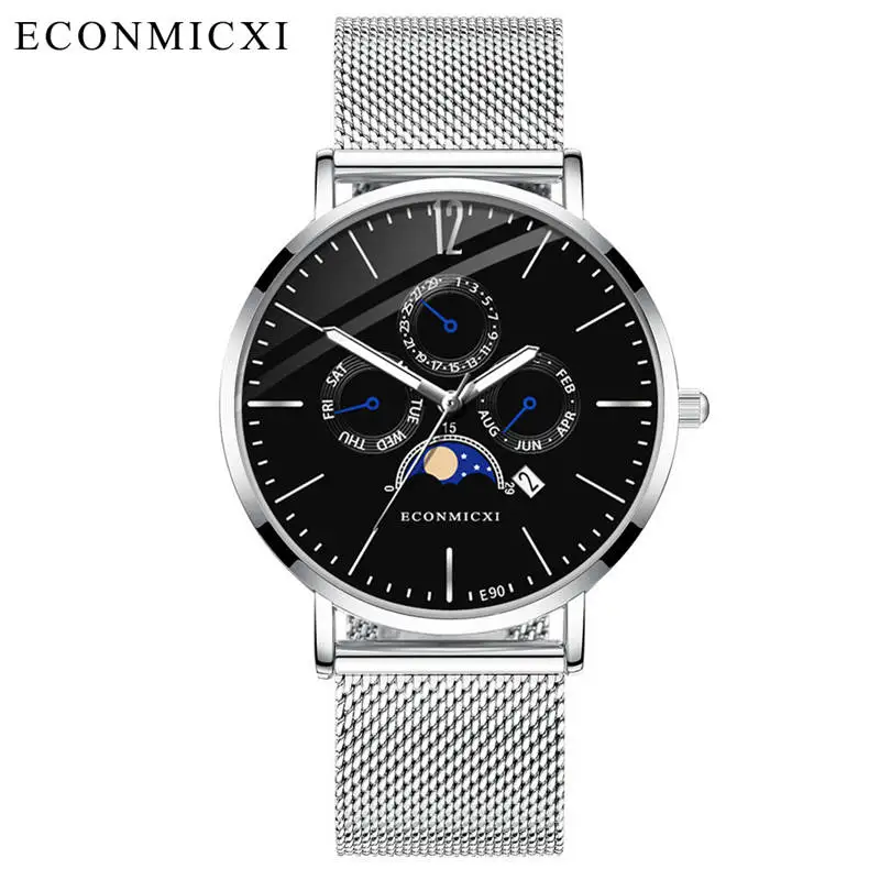 Silver black Модные брендовые Мужские кварцевые часы, деловые часы с календарем, модные повседневные тонкие мужские часы из нержавеющей стали - Цвет: Silver black
