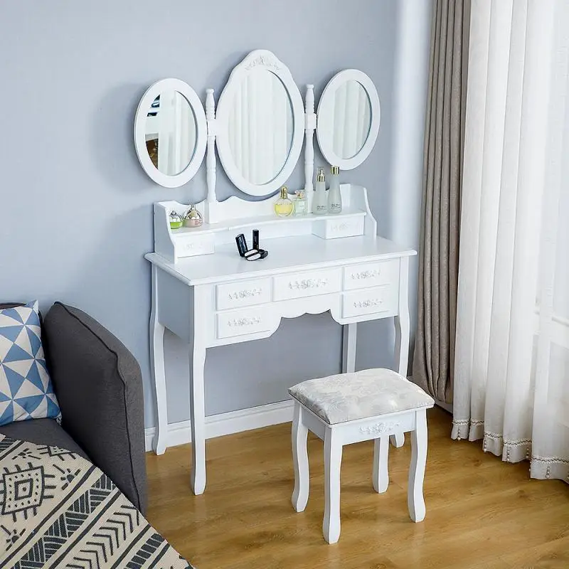 Description Picture 2 of itemDressing Table Stool Bedroom Furniture White Mirror Makeup Table In MDF 7 Drawers 3 Oval Rotatable Mirrors Home Furniture HWC
