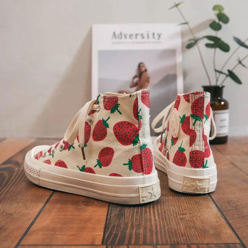 

Strawberry Canvas Shoes Student Korean-style Ulzzang2019 Spring New Style Hight-top Versatile Retro Hong Kong Flavor Skate Shoes