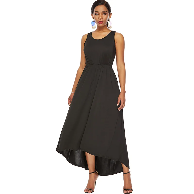 

Women Summer Maxi Dress O Neck Sleeveless Elastic Waist High-low Hem Casual Long Dresses Black 2019 New Sundress Female vestidos