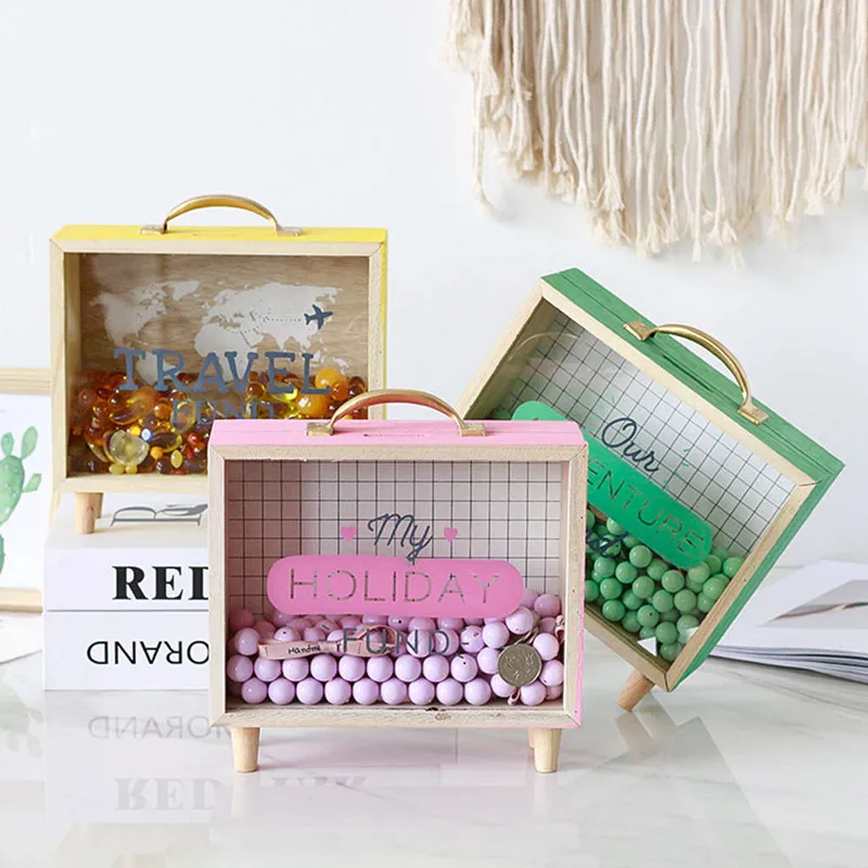 Ins Wooden Crafts Piggy Bank Debris Storage Box Literary Home Desktop Decoration Coin Storage Bank Decoration Gift Box Glass Box