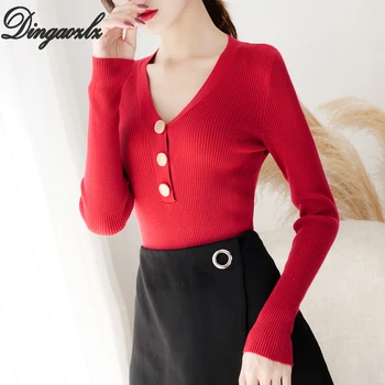 

Dingaozlz Autumn Wnter Korean Casual Knitted Tops V-neck Women sweater Slim Long-sleeved Pullovers shirt