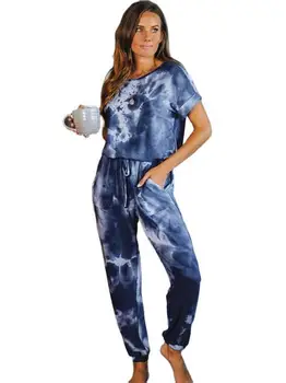 

Dropship Women Pajamas Coloring Short Sleeve 2 Pieces Set Lounge Wear Nightgown 2020 Spring Summer Home Suit Pocket Sleepwear