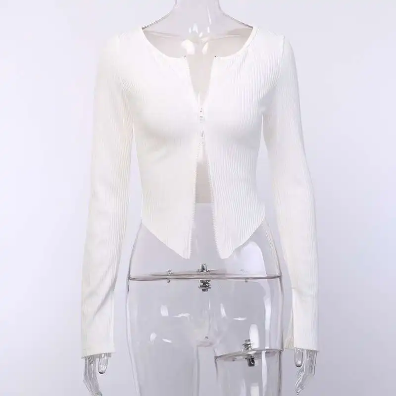 Белый черный кардиган Мода американская уличная двойная молния свитер трикотажные колготки короткие укороченные топы Женский свитер