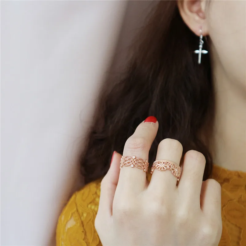 POFUNUO Real 925 Sterling Silver Korean Style Women Hollow Lace Flower Design Rings Girl Stylish Rose Gold Exquisite Zircon Ring | Украшения