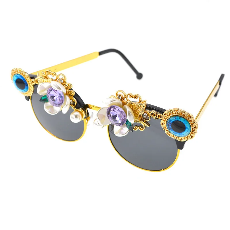 Handmade High Quality Luxury Rhinestone Sunglasses Women Flowers Party Beach Female Flower with Pearl Round Sun Glasses Shades