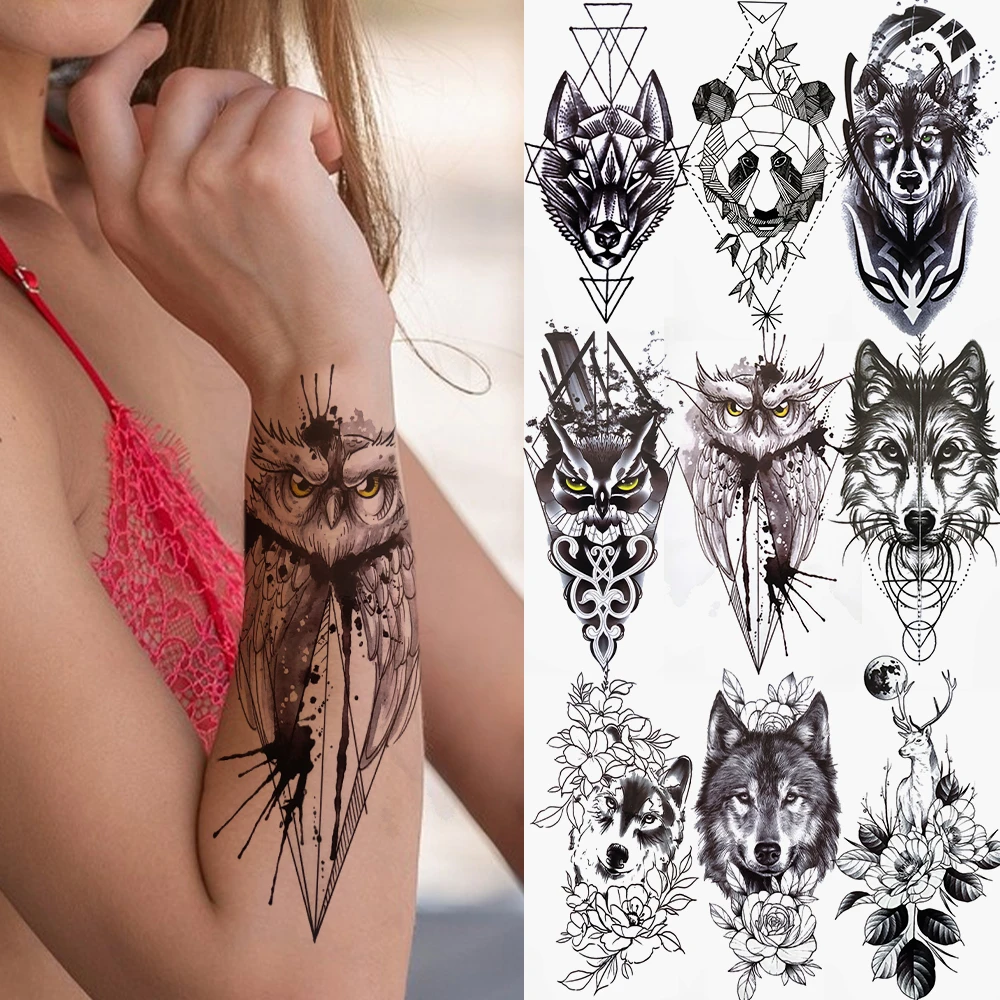 Geometry Owl Temporary Tattoo For Women Fake Wolf Tiger Deer Triangle Tatoo  Sticker Black Moon Flower Body Art Tattoos Paper - Temporary Tattoos -  AliExpress