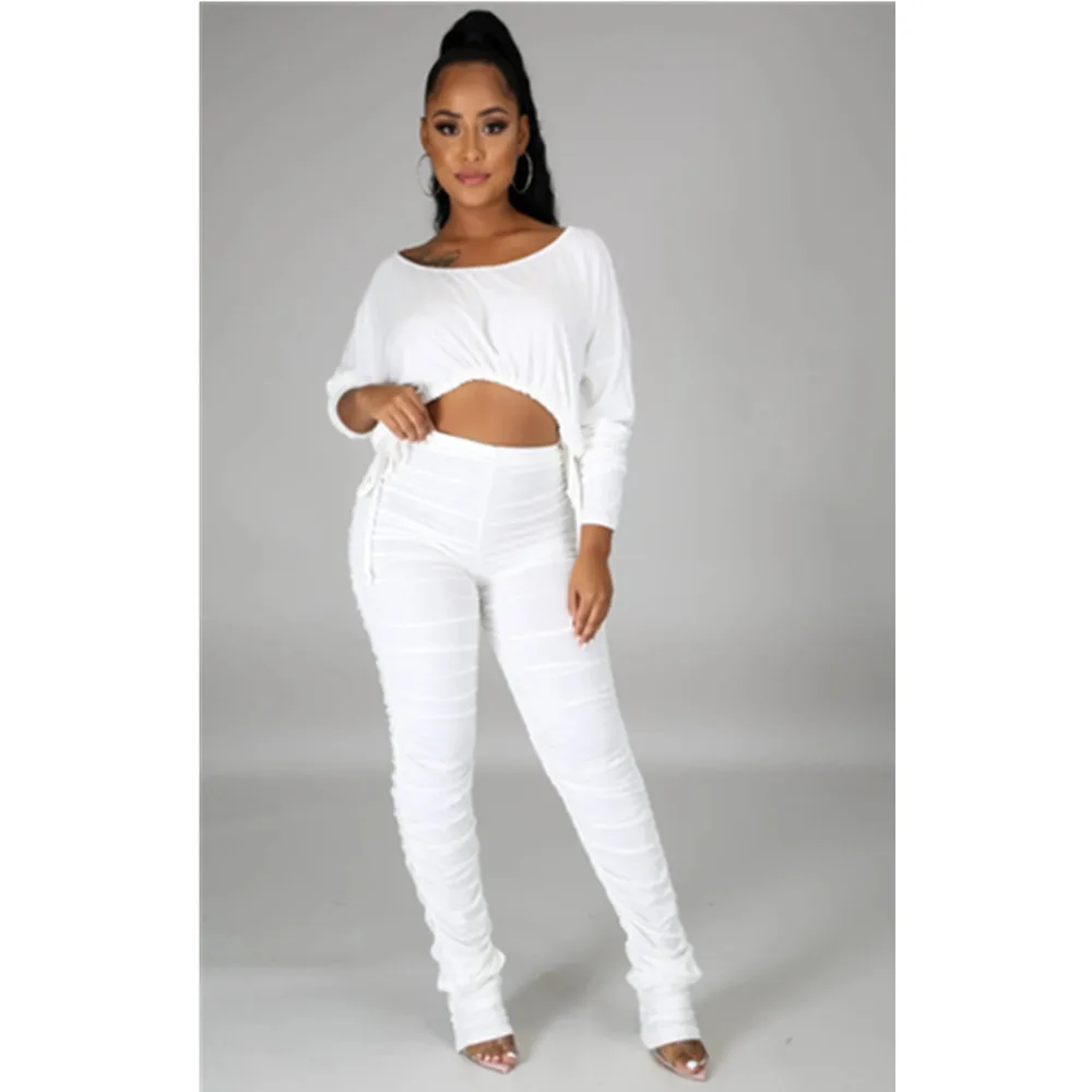 

2020 Women Casual Two-Piece Sets 2020 Autumn Ladies Long Sleeves Tops Long Pants Elegant O-Neck Solid Leisure Ruched Suit