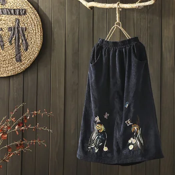 

2020 autumn clothing artistic flower embroidery corduroy skirt women's casual all-match striped velvet mid calf hip skirt