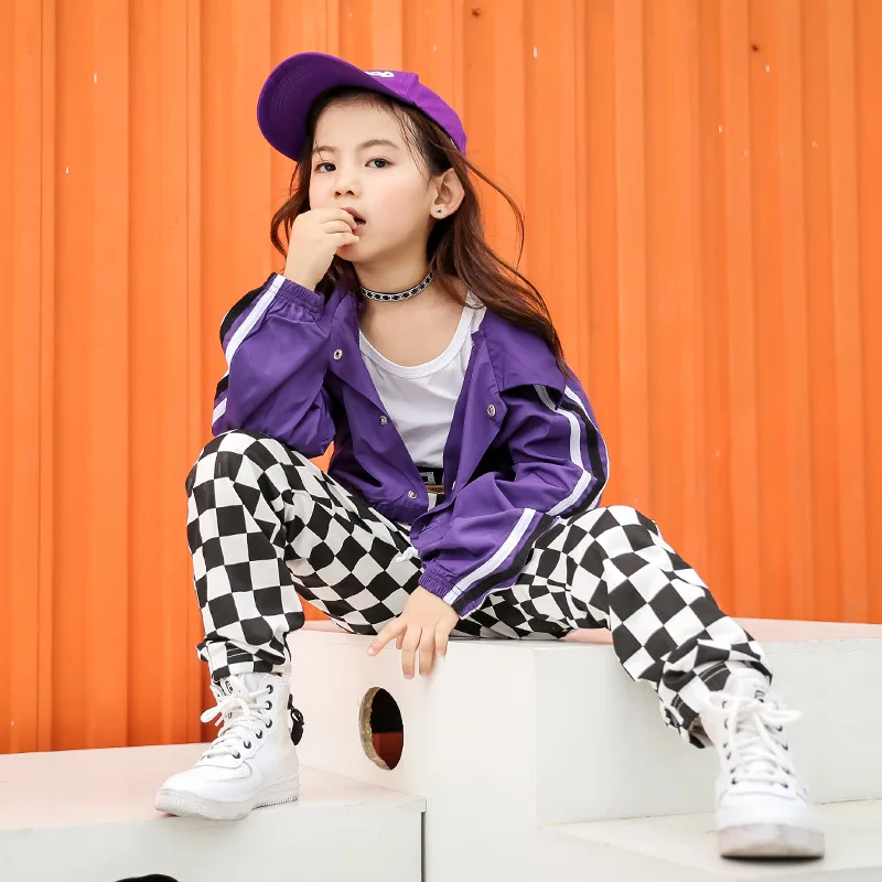

2019 Autumn New Children's Jazz Purple Short Coat European American Hip Hop Loose Street Tide Long Sleeve Jacket Girls 4 To 14T