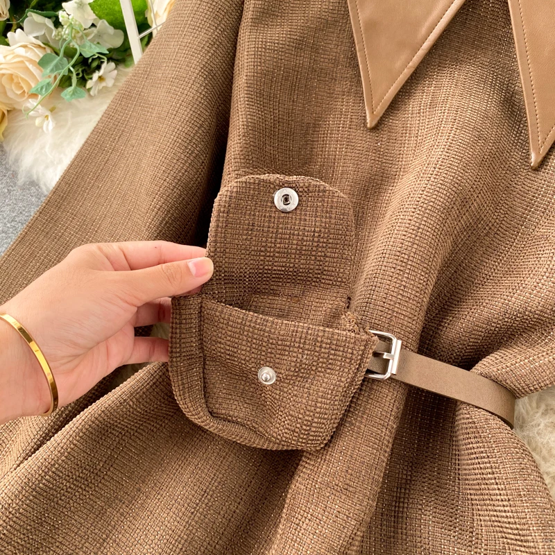 Women Dress 2020 Autumn Winter Korean Clohtes with Waist Bag Vintage Elegant Casual Long Sleeve Solid A-Line Black Short Dress