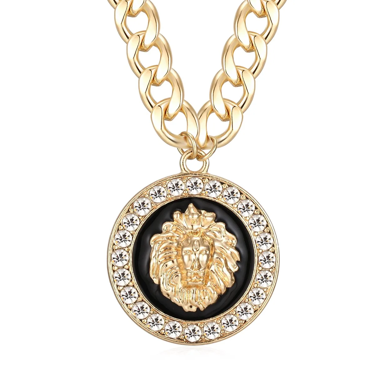 Hip Hop Lion Head Choker Pendant Necklace Gold Statement Punk Alloy Crystal Enamel Basketball Wives Chunky Chain Costume Jewelry